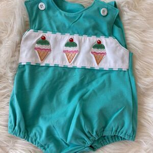 LuLu‎ BeBe Baby Romper Mint Green Ice Cream Cone Smocking 12 mth